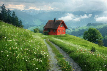 Obraz premium High mountain grassland and a small red house