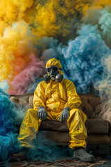 Obraz premium Man in protective gear sitting on a couch surrounded by colorful smoke