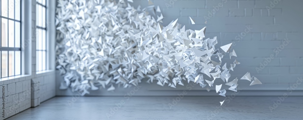 Poster white triangles floating in room.
