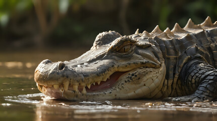 crocodile laying in water with mouth open and teeth wide open