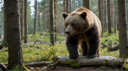 Fototapeta premium a bear that is walking on a log in the woods
