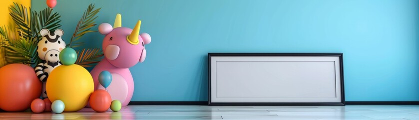 Blank Frame Mockup with Colorful Balloons and Toys.
