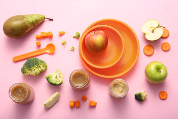 Composition with healthy baby food, ingredients and accessories on pink background