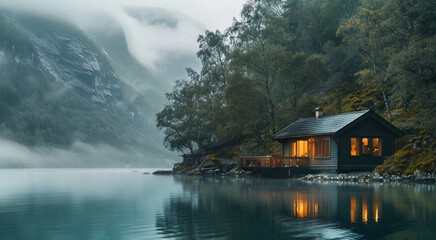 Fototapeta premium A cinematic, emotional scene of a Nordic forest at dawn, highlighting a peaceful lake reflecting the soft morning light. A minimalist cabin ,large glass windows sits near the water, mist rolling tree