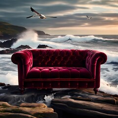 seagull on the beach with sofa