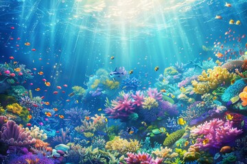 Fototapeta premium An exquisite underwater scene featuring vibrant coral reefs and diverse marine life bathed in sunlight