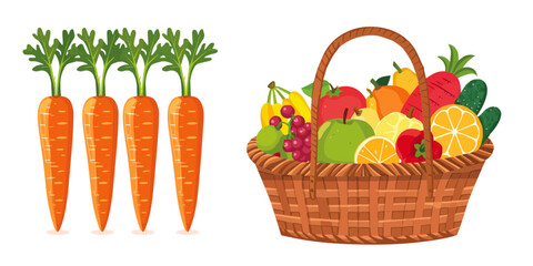 carrots and a basket full of fruits