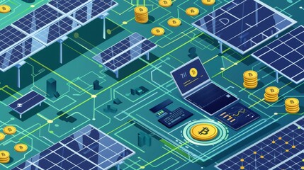 Solar panels, blockchain transaction history, digital wallet with zero balance, flat design illustration