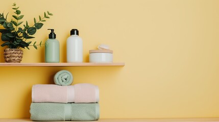 Minimalist bathroom shelf with towels, toiletries, and plant.