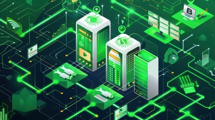 Blockchain ledger with green indicators, hybrid energy storage system, environmentally friendly battery technology, flat design illustration