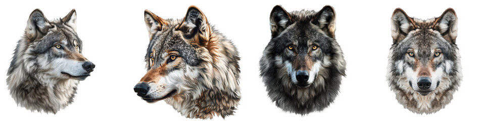Obraz premium Detailed illustrations of four wolves showcasing different angles and fur colors. Ideal for wildlife-themed designs and educational materials.