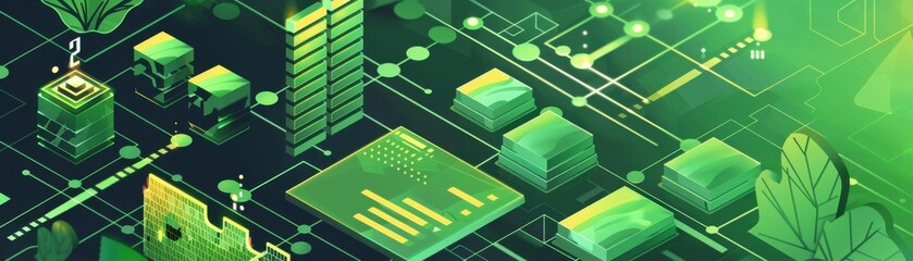 Fototapeta premium Green energy solutions, compromised blockchain node, financial collapse chart, flat design illustration
