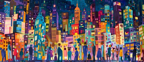 Obraz premium Vibrant cityscape painting featuring diverse people, colorful skyscrapers, and a bustling urban atmosphere at night.