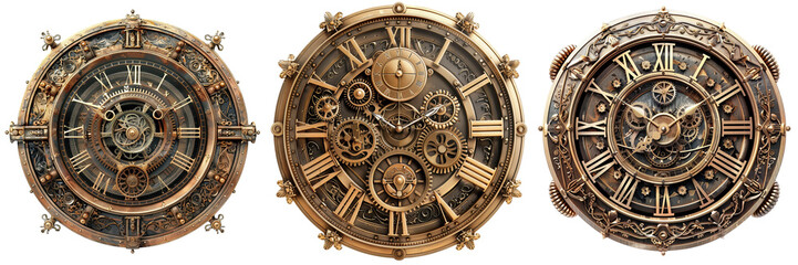 Set of three steampunk clock designs with intricate gears, showcased against a white background, ideal for vintage or industrial themes.