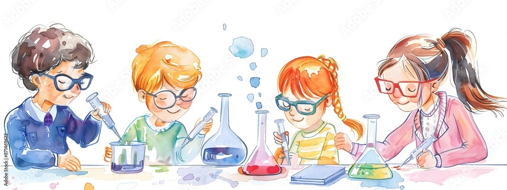 Poster group of students working together on science project in laboratory
