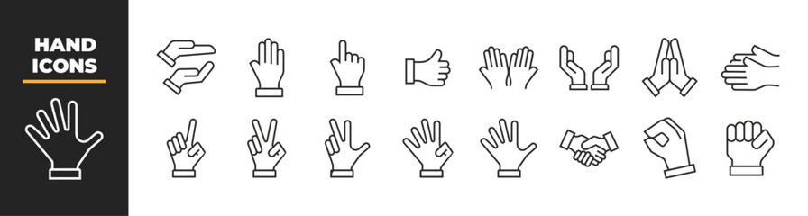Set of 16 Hand line icons set. Hands outline icons with editable stroke collection. icon on white background flat vector illustration
