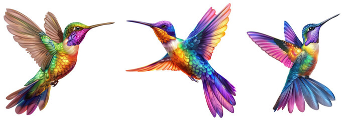 Obraz premium Vibrant rainbow-colored hummingbird in mid-flight, showcasing detailed feathers and stunning colors, isolated on a white background.