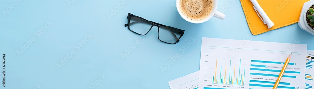 Poster an editorial layout with a financial advisor's desk cluttered with reports and financial documents, 
