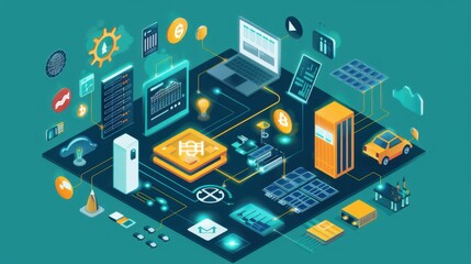 Fototapeta premium Blockchain ledger with highvalue entries, toptier environmentally friendly battery technology, integrated hybrid energy storage systems, flat design illustration