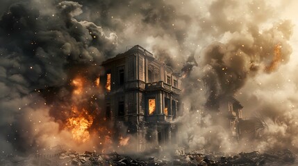 Smoke and physical structure explode in fiery destruction. 