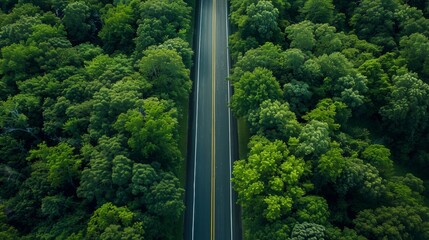 An aerial photograph showing a straight paved road cutting through a lush forest. The road creates a contrast to the dense undergrowth.