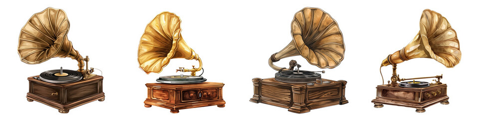 Vintage gramophones with ornate wooden bases and large brass horns, perfect for nostalgic and decorative-themed designs.