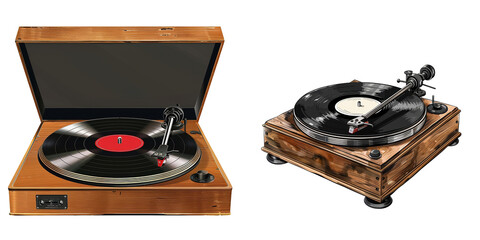 Vintage turntables with wooden finish and vinyl records. Perfect for music lovers and retro-themed designs.