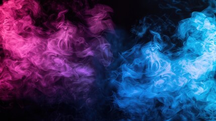 Abstract image featuring swirling pink and blue smoke against a dark background.