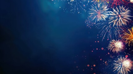 Vibrant fireworks against a dark blue night sky, creating a festive and celebratory atmosphere.