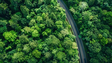 An aerial photograph showing a straight paved road cutting through a lush forest. The road creates a contrast to the dense undergrowth.
