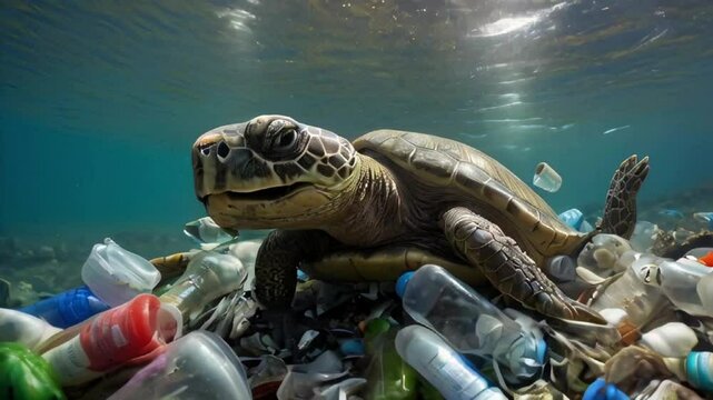 A sea turtle struggles to swim through the ocean. Surrounding the turtle, various pieces of plastic waste float in the water. Sea Polluted. Ai Generative.
