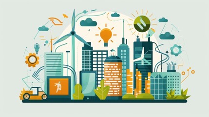 Fototapeta premium Economic growth indicators, sustainable tech solutions, wearable energy storage devices, flat design illustration