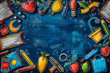 Artistic pattern of school supplies and fruits on a dark background with vibrant colorful details