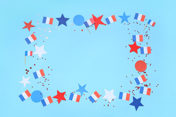 Frame made from French flags and stars on blue background. Bastille Day celebration