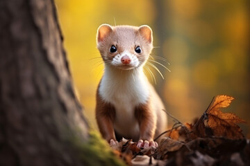 Fototapeta premium Small curious wild weasel in forest