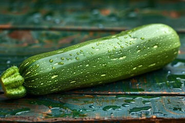 Zucchini or summer squash with water droplets on wooden rustic table.  Generative AI