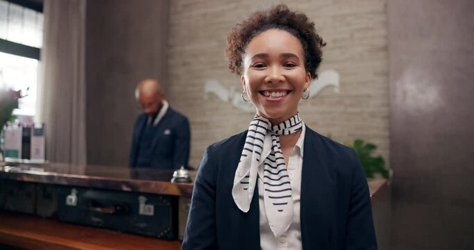 Portrait, woman and happy as hotel receptionist with confidence or pride for career growth and opportunity. Female person, employee and smile in help desk for lobby, support and hospitality service