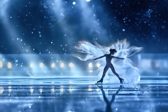 skater performs with elegance, her princess costume sparkling under the lights. The intense focus on her face and the fluidity of her movements.