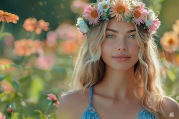 A young woman wearing a flower crown in the grassland