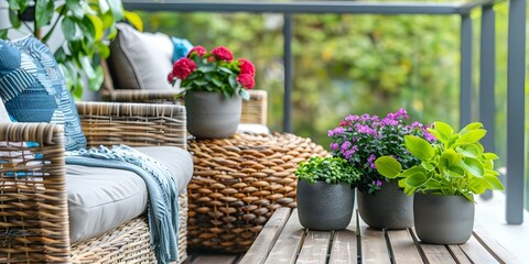 Fototapeta premium Balcony seating area enhanced with lush greenery and inviting armchairs. Concept Outdoor Decor, Urban Oasis, Cozy Balcony, Greenery Enhancements, Relaxing Ambiance