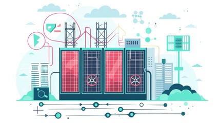 Fototapeta premium Innovative smart grid components, backup energy storage systems, blockchain data with high transaction volumes, flat design illustration
