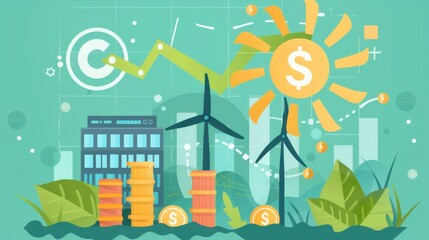 Positive investment returns, energy management software, flat design illustration
