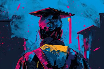 Graduation themed illustration with a graduate and vibrant fireworks creating a celebratory atmosphere