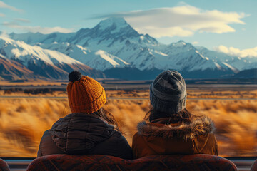 Back view of a senior couple sitting in a train, admiring the scenic mountain landscape