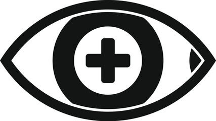 Simple icon of an eye with a plus sign, representing good vision and eye health © anatolir