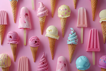 Arranged popsicles and ice cream with a pink background