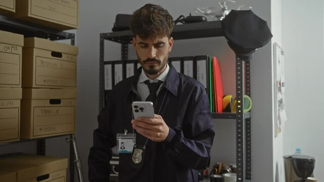 A focused hispanic man with a beard uses a smartphone in a police station's cluttered office, implying investigation.