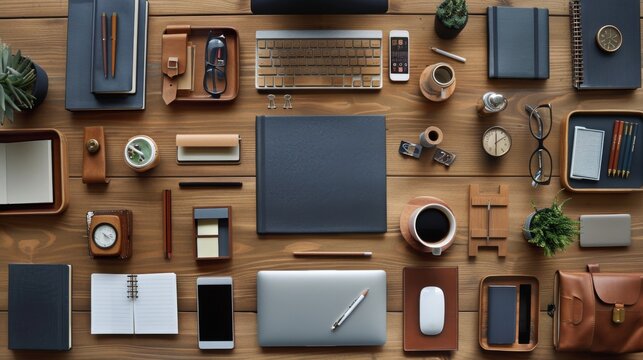 Organized Workspace with Modern Office Supplies on Wooden Desk, Top View of Stylish and Minimalist Work Environment