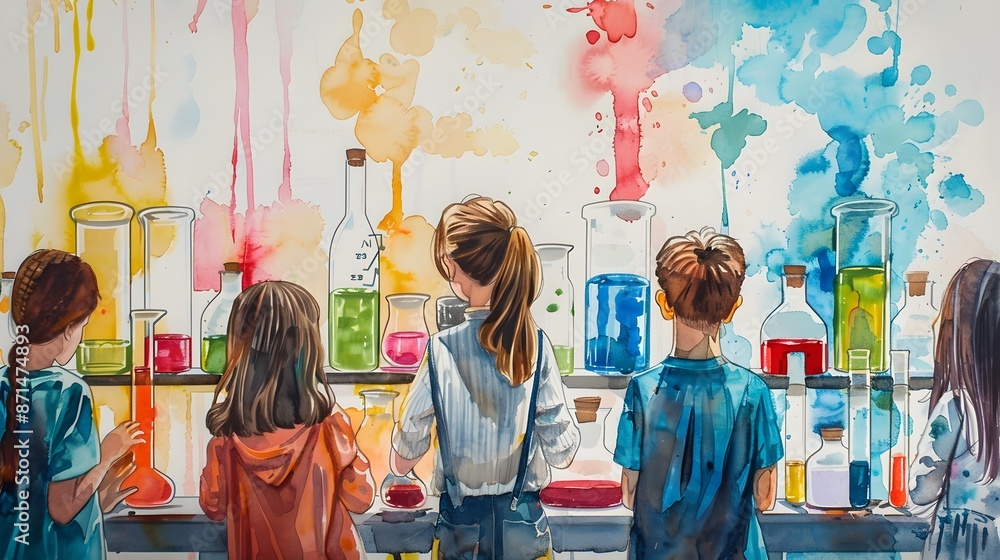 Poster watercolor art of a science fair with students displaying their projects on a white background