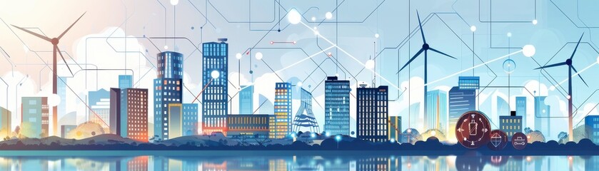Obraz premium Blockchain vulnerability, energy storage for disaster areas, sustainable tech, flat design illustration